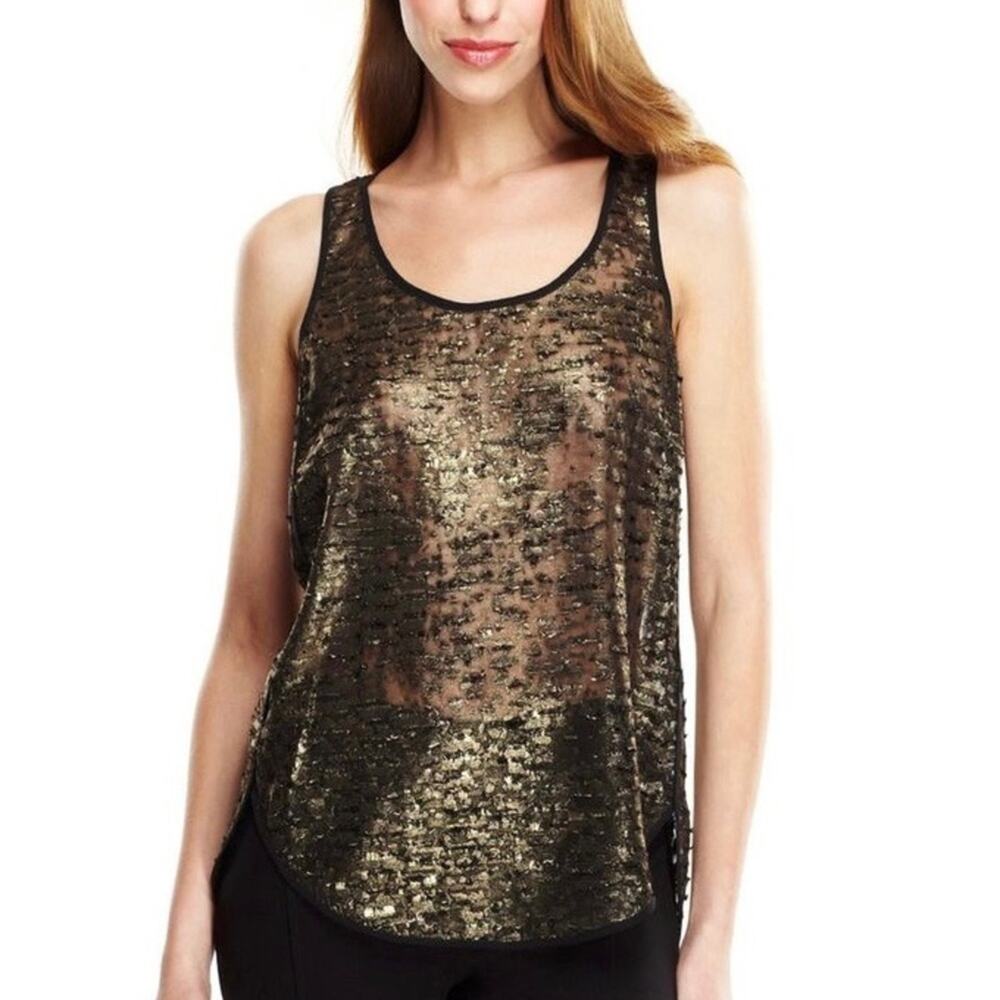 NWOT Kenneth Cole Women’s Gold and Black Shimmer Sheer Burnout Tank Top. Size M.